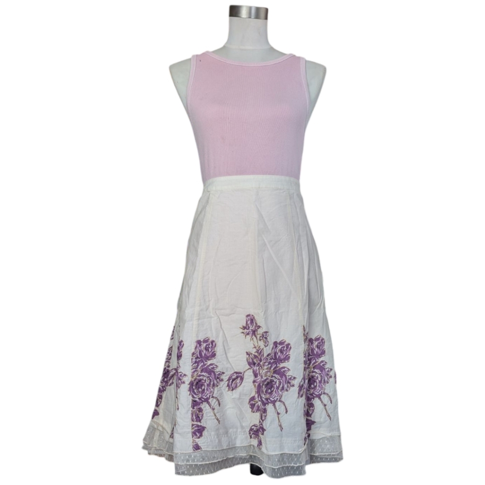 Dainty Cream Off White Cotton Skirt Rose  Embroidered Floral Lace Size 8